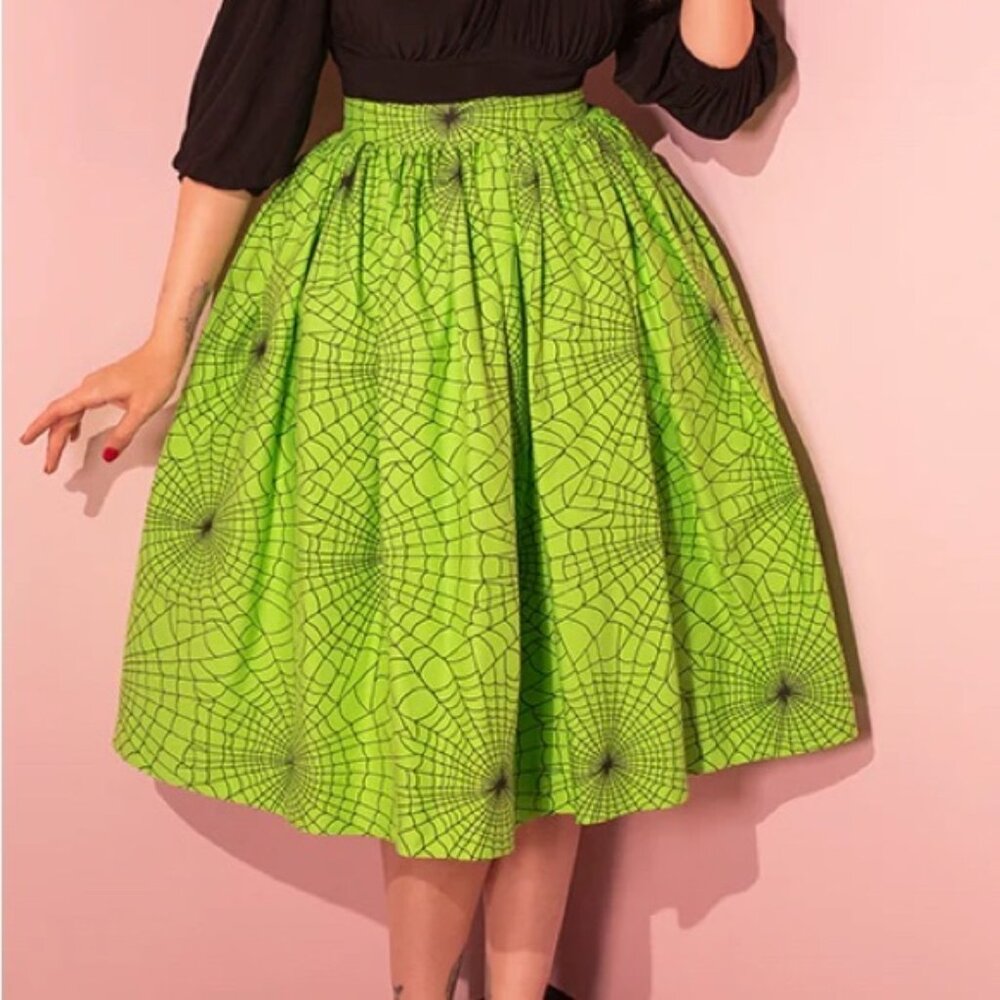 VIXEN SWING SKIRT IN SLIME GREEN SPIDER WEB PRINT